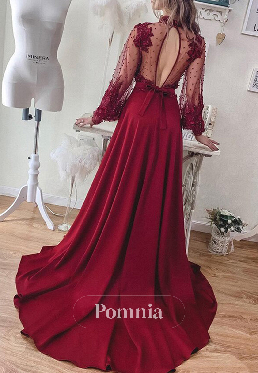 Burgundy Long Sleeves High Neck Pearls A-Line Prom Dress