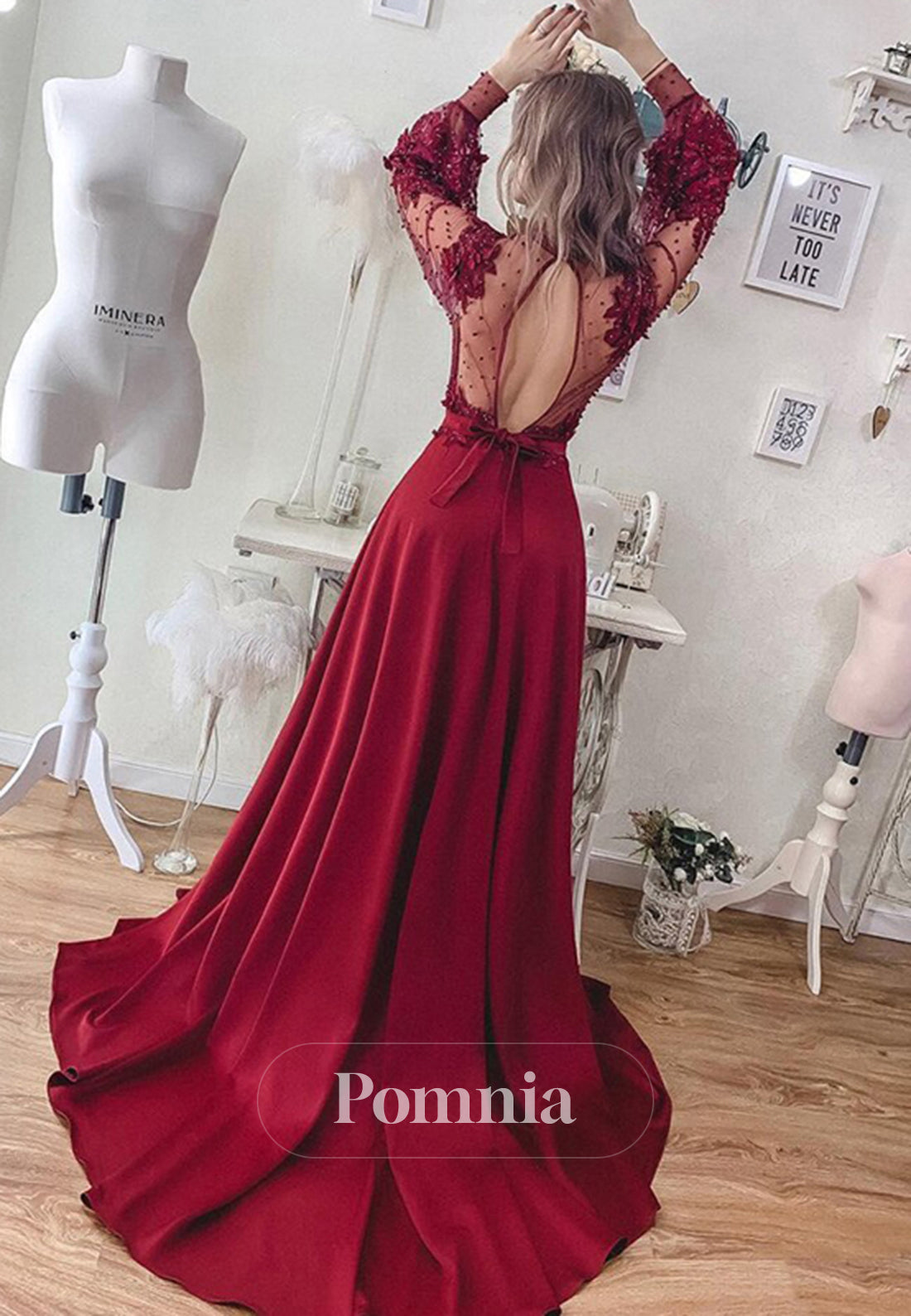 Burgundy Long Sleeves High Neck Pearls A-Line Prom Dress