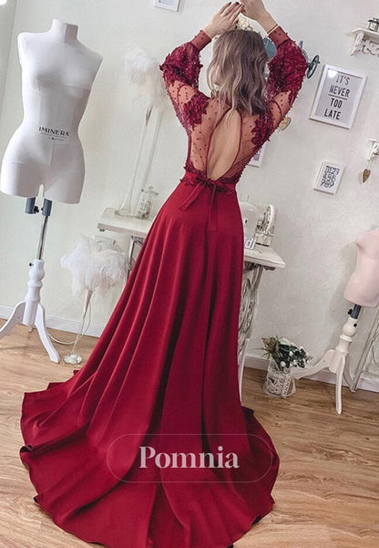 Burgundy Long Sleeves High Neck Pearls A-Line Prom Dress