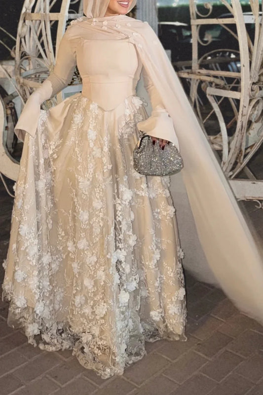 3D Floral Embroidery Corset Streamer Slit Cuff Party Maxi Dress