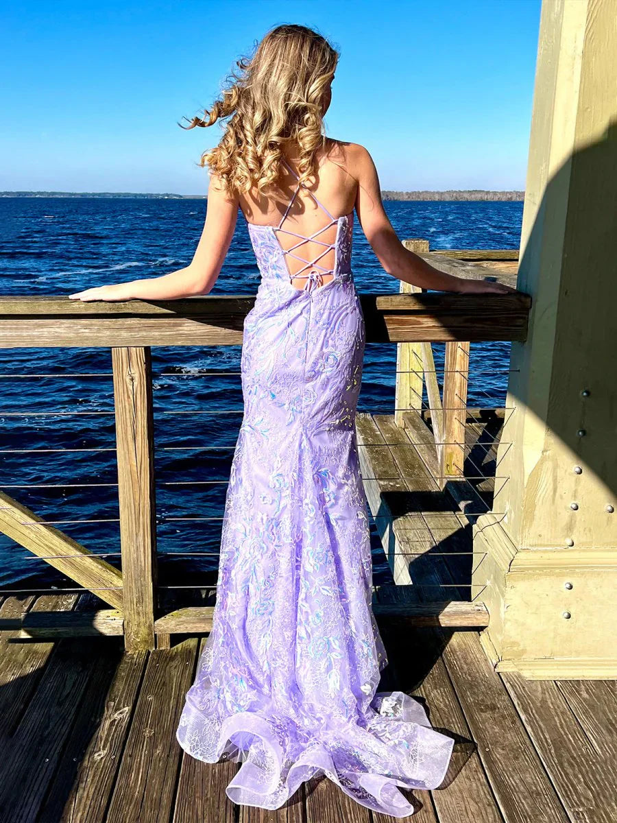 Sparkle Formal Lace Sequin Mermaid Spagehtti Straps Sleeveless Backless Long Prom Dress