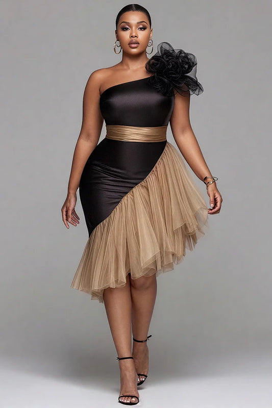 Cocktail Party Tulle Black One Shoulder Contrast Elegant 3D Satin Midi Dresses