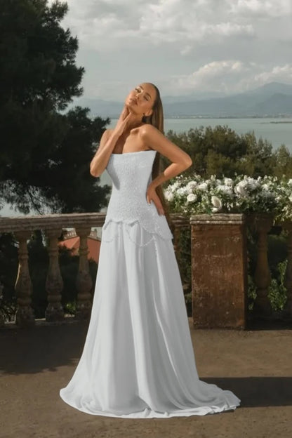 Chiffon Strapless Sleeveless Long A-Line Prom Dress With Beadings And Pearls