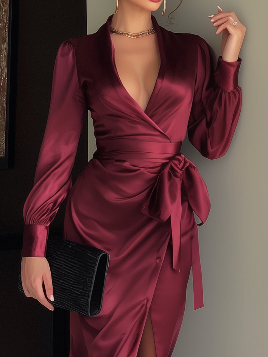 Burgundy Satin Wrap Gown With Waist Tie