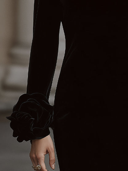 Elegant Velvet Mini Dress With Embellished Neckline And Floral Cuff Detail