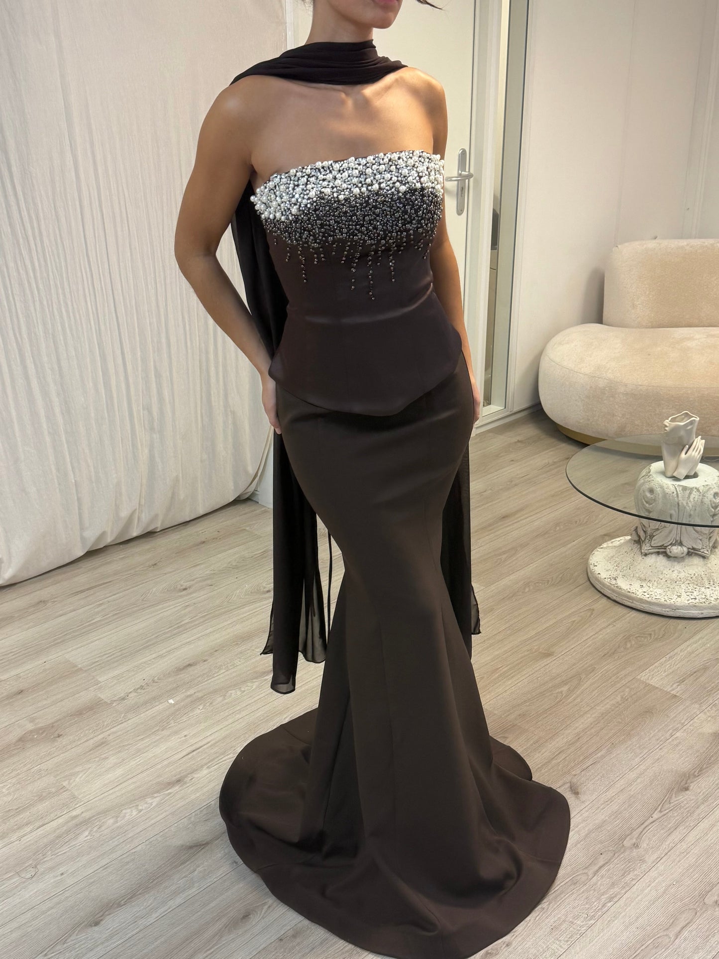 The Areya dress brown Pearls Evening Dress