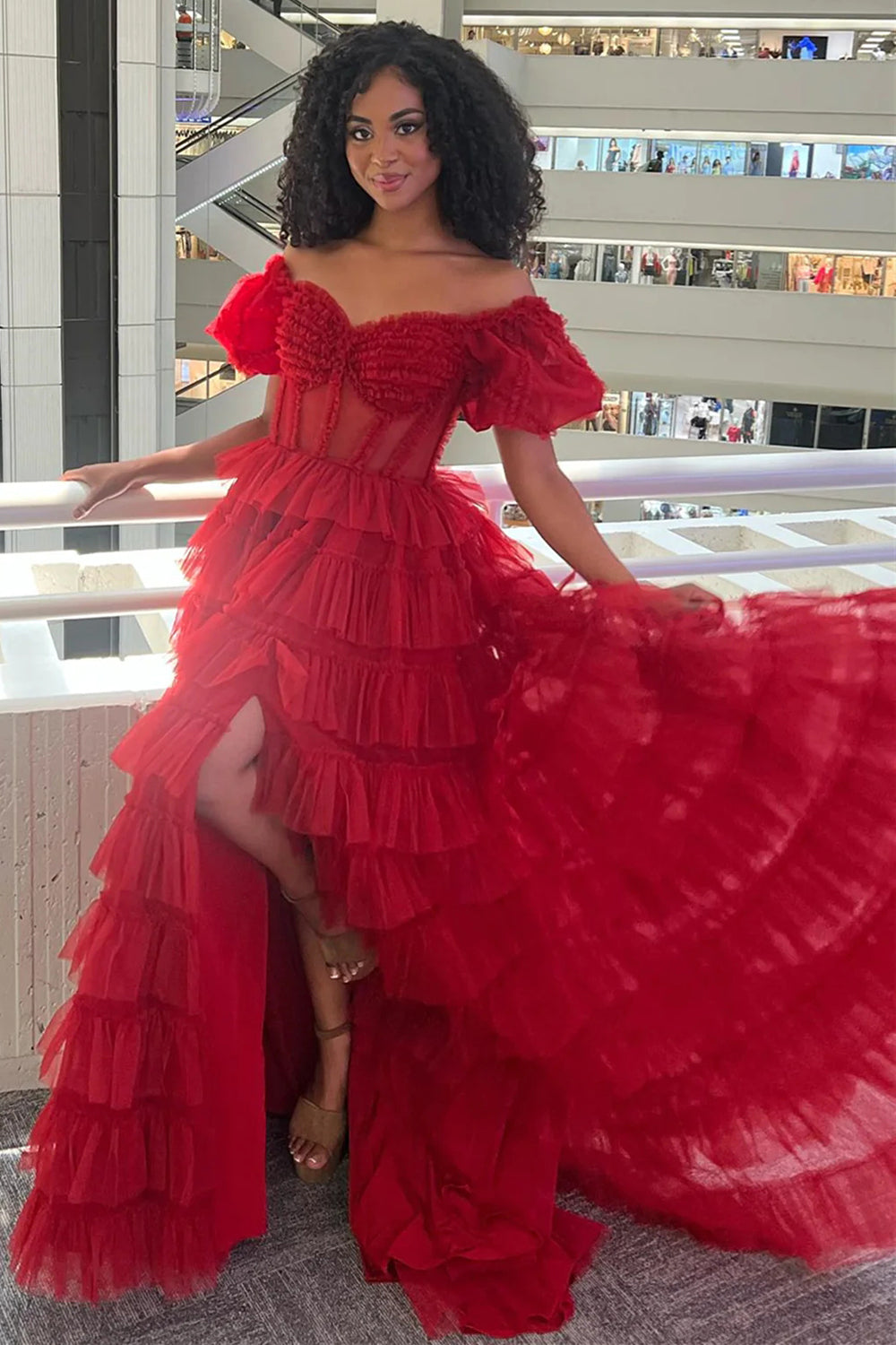 A-Line Sweetheart Off-Shoulder Sleeveless Pleated Tulle Tiered Prom Dress