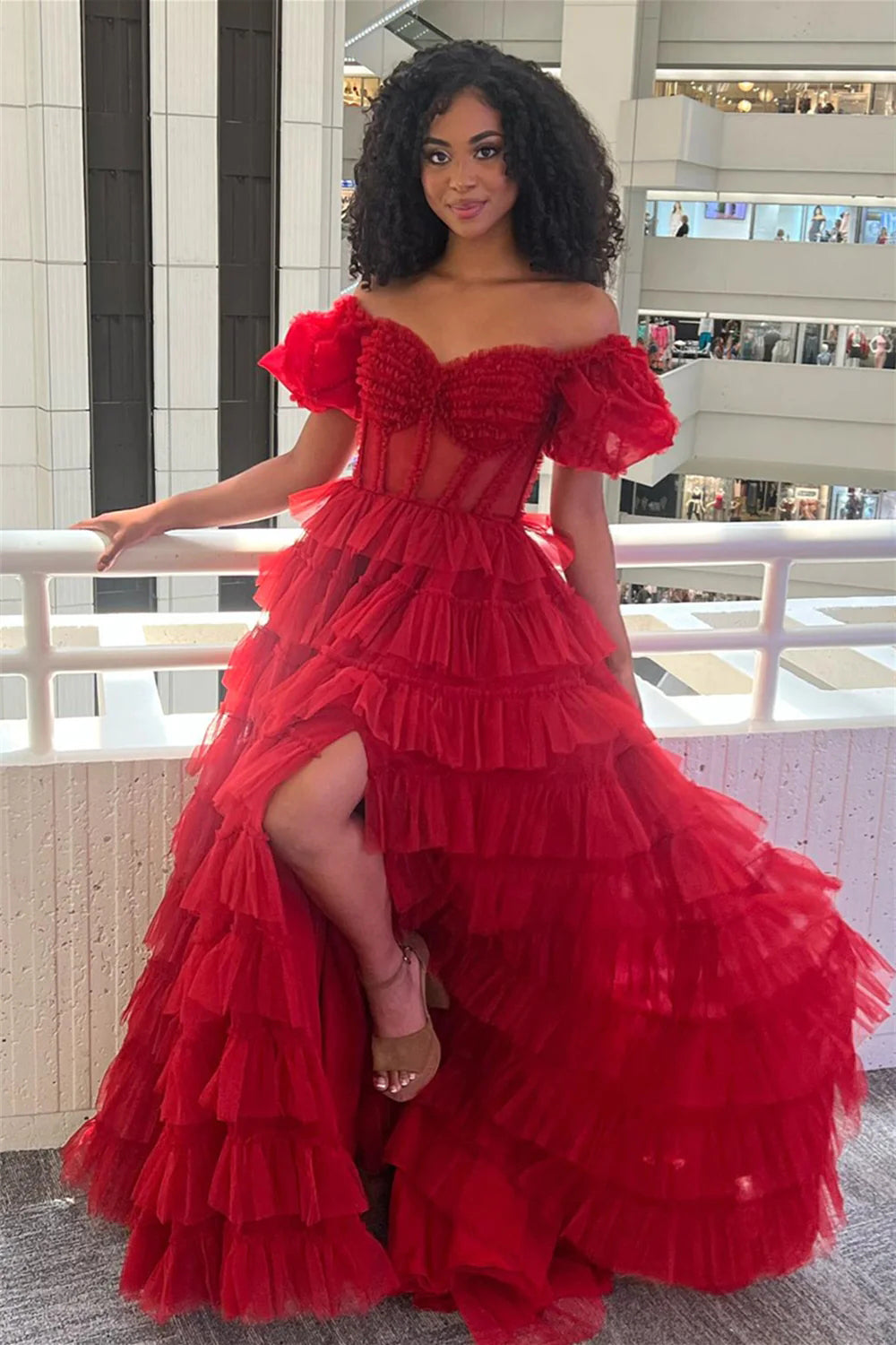 A-Line Sweetheart Off-Shoulder Sleeveless Pleated Tulle Tiered Prom Dress