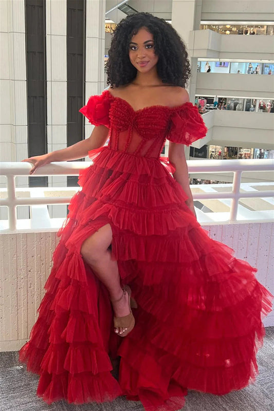 A-Line Sweetheart Off-Shoulder Sleeveless Pleated Tulle Tiered Prom Dress