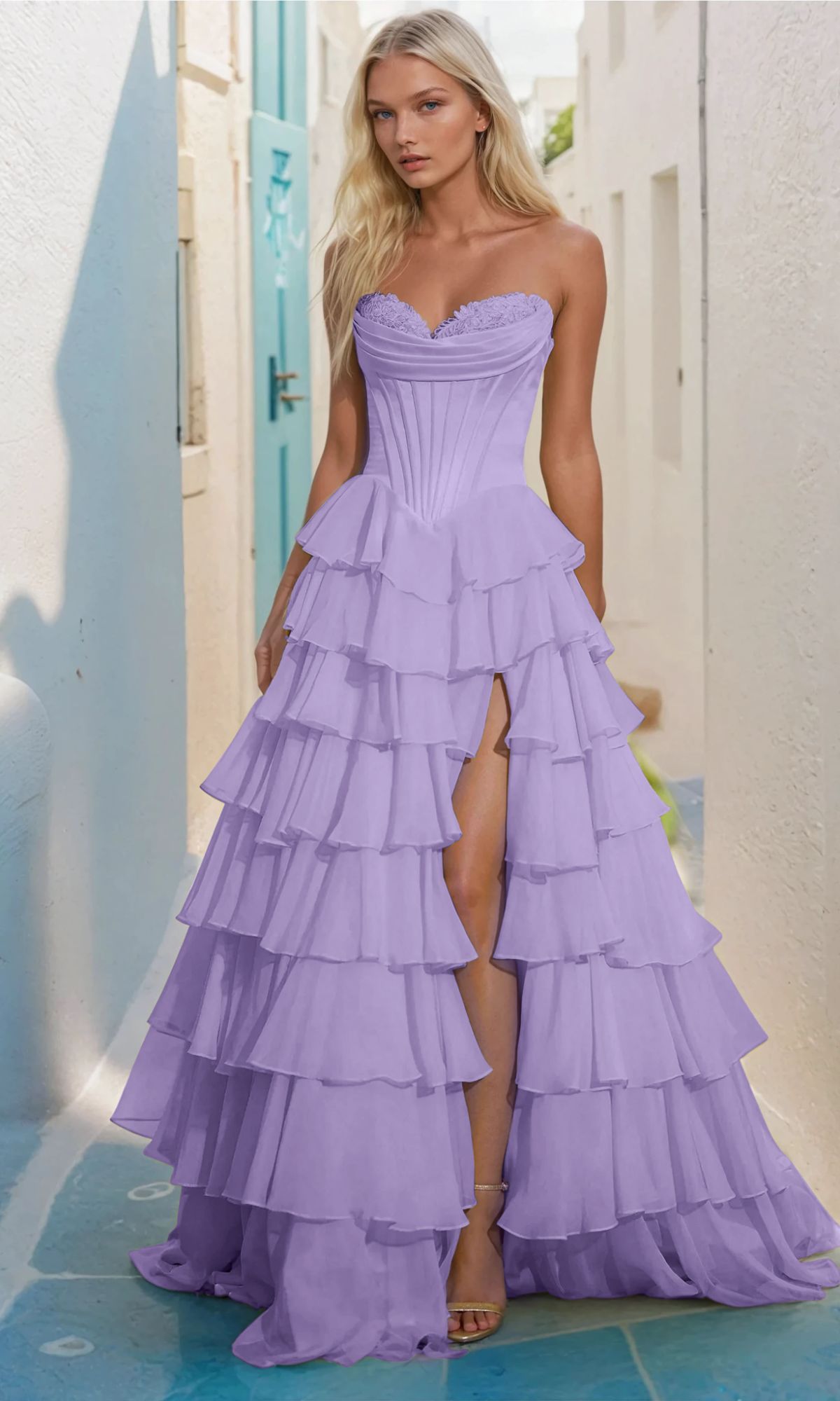 Strapless Ruffled Prom Ball Gown