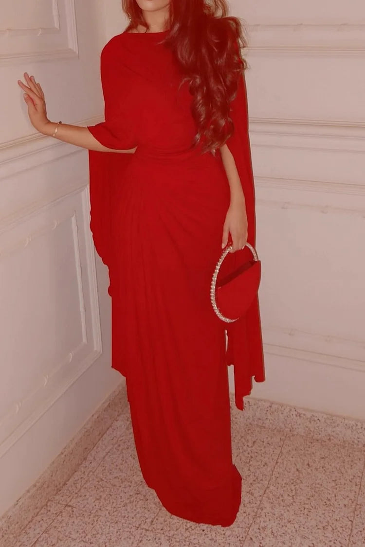 Asymmetric Cape Sleeve Ruched Waist Pleated Boat Neck Maxi Dresses