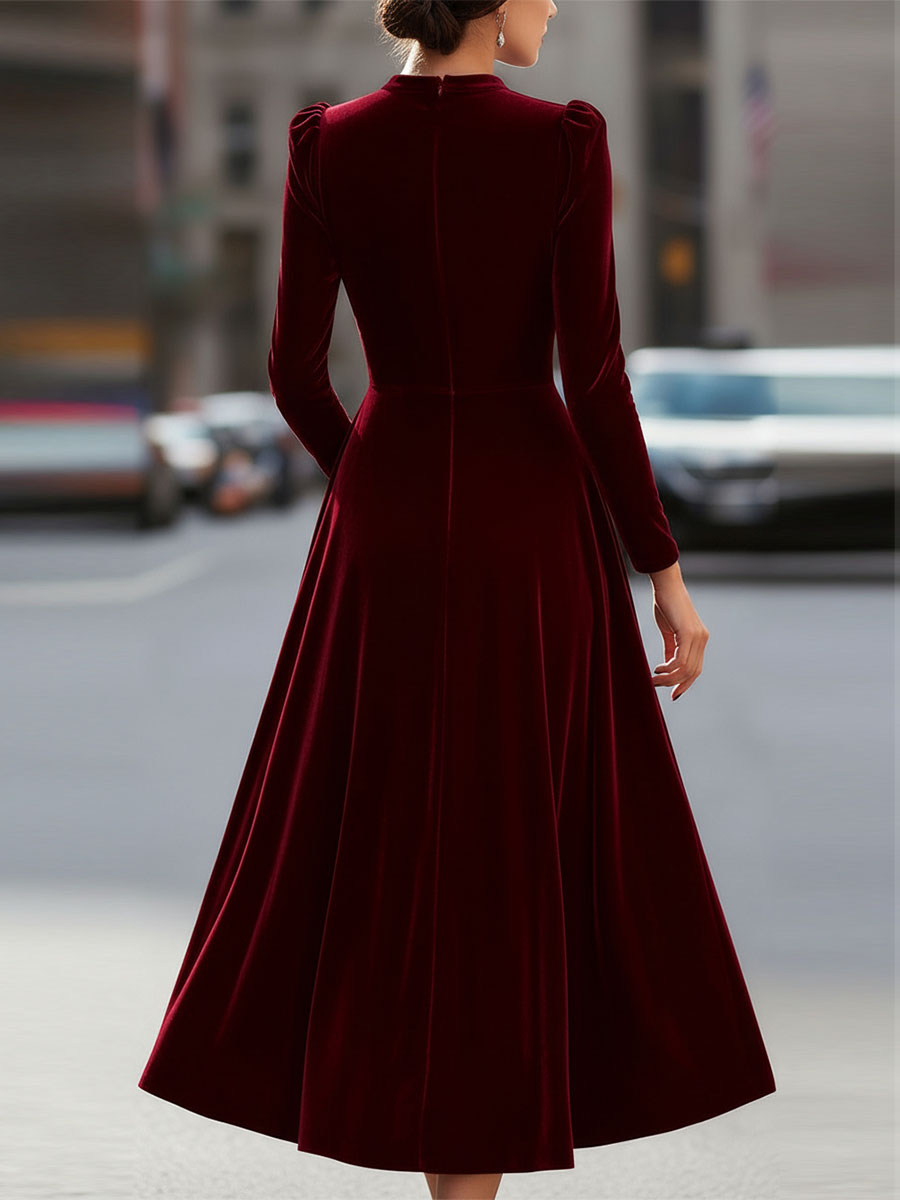 Luxurious   Velvet Long-Sleeve Midi Dress