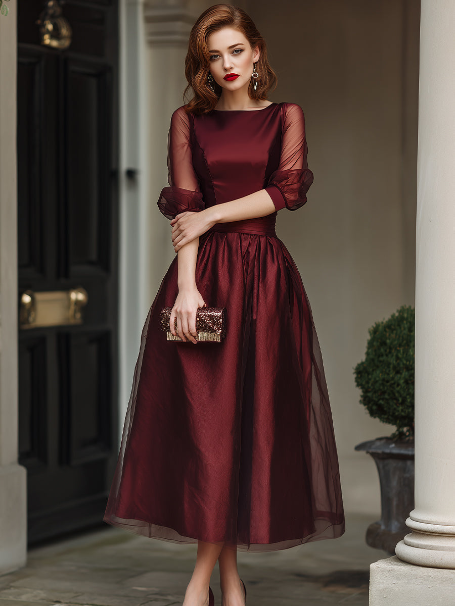 Elegant Sheer-Sleeve A-Line Midi Dress