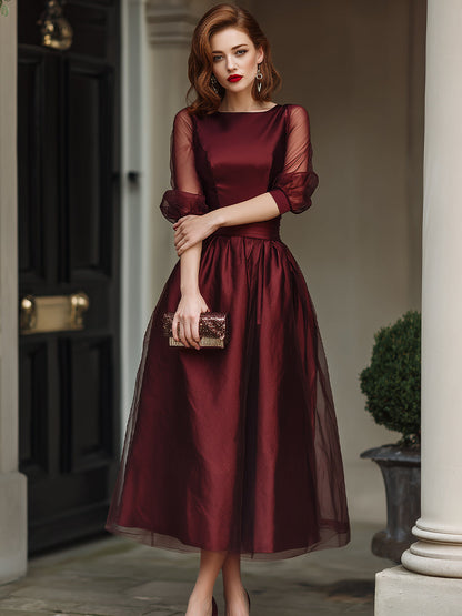 Elegant Sheer-Sleeve A-Line Midi Dress