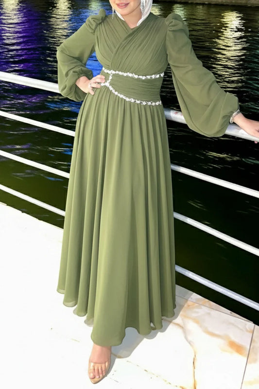 Rhinestone Decor Pleated Wrap Neck Party Maxi Dresses