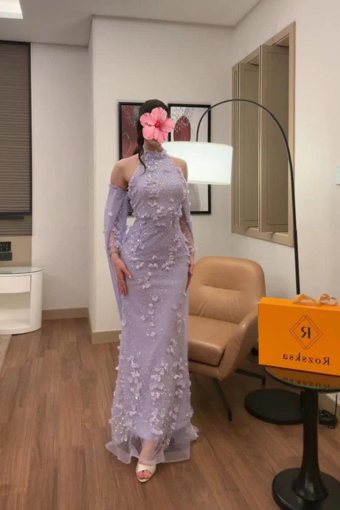 High Neck Detachable Lace Flowers Long Sleeve Mermaid Evening Dress