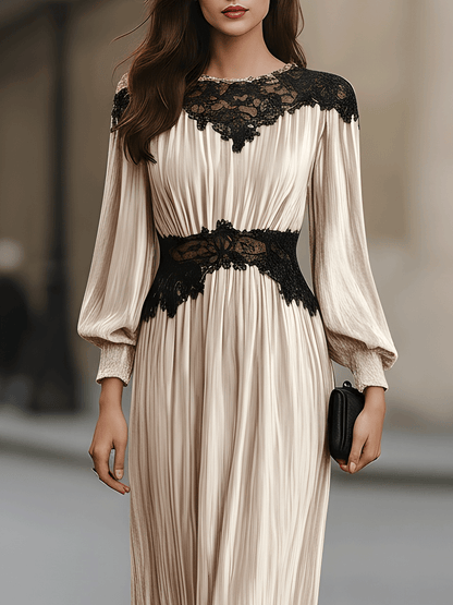 Pleated Velvet Dress With Black Lace Detail