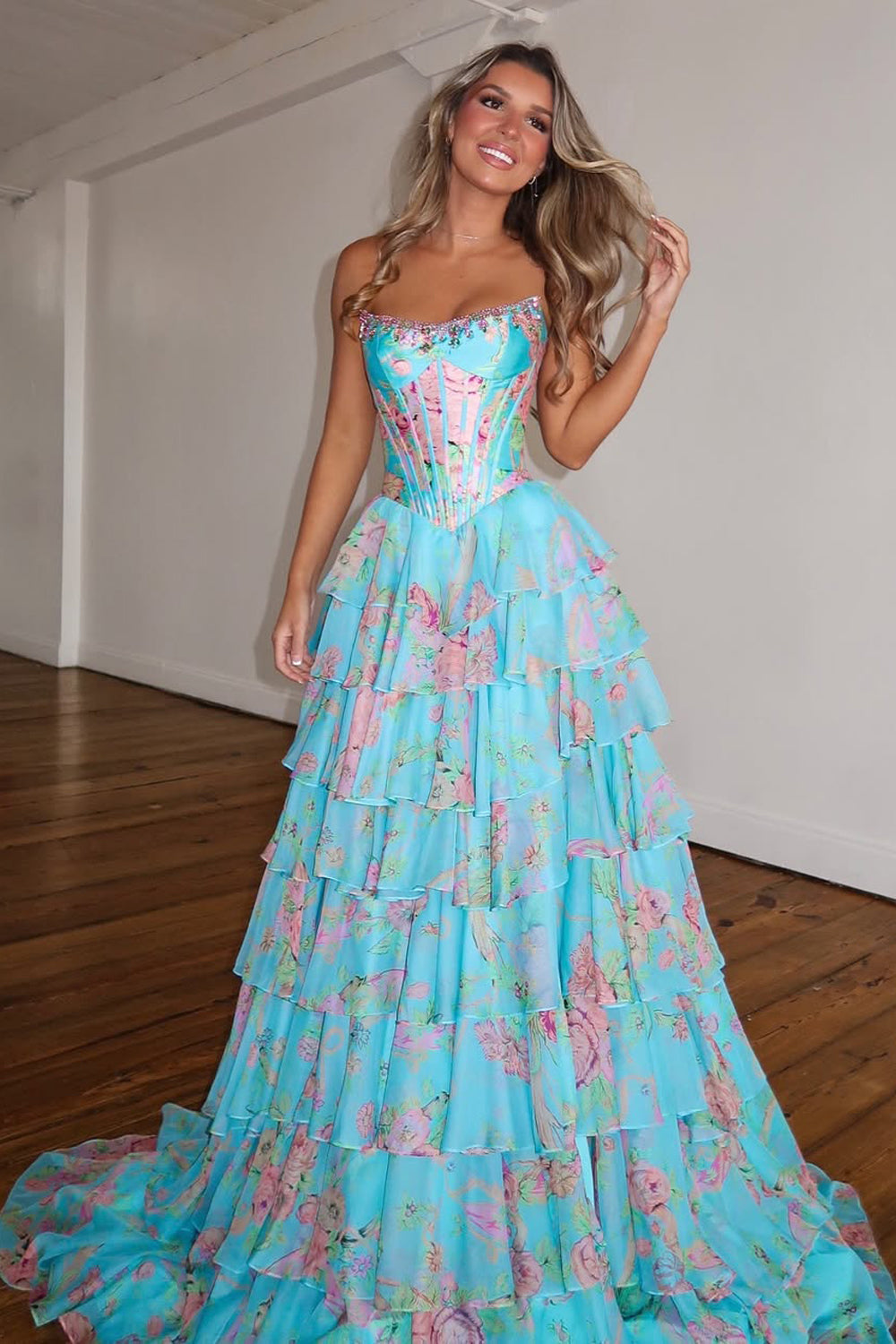 New Arrival A Line Scoop Neck Floral Chiffon Prom Dress with Beading