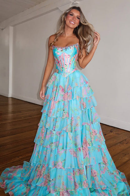 New Arrival A Line Scoop Neck Floral Chiffon Prom Dress with Beading