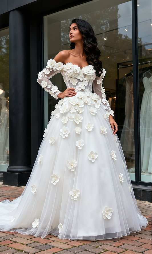 Long Sleeves Tulle Flowers Off The Shoulder Wedding Dress