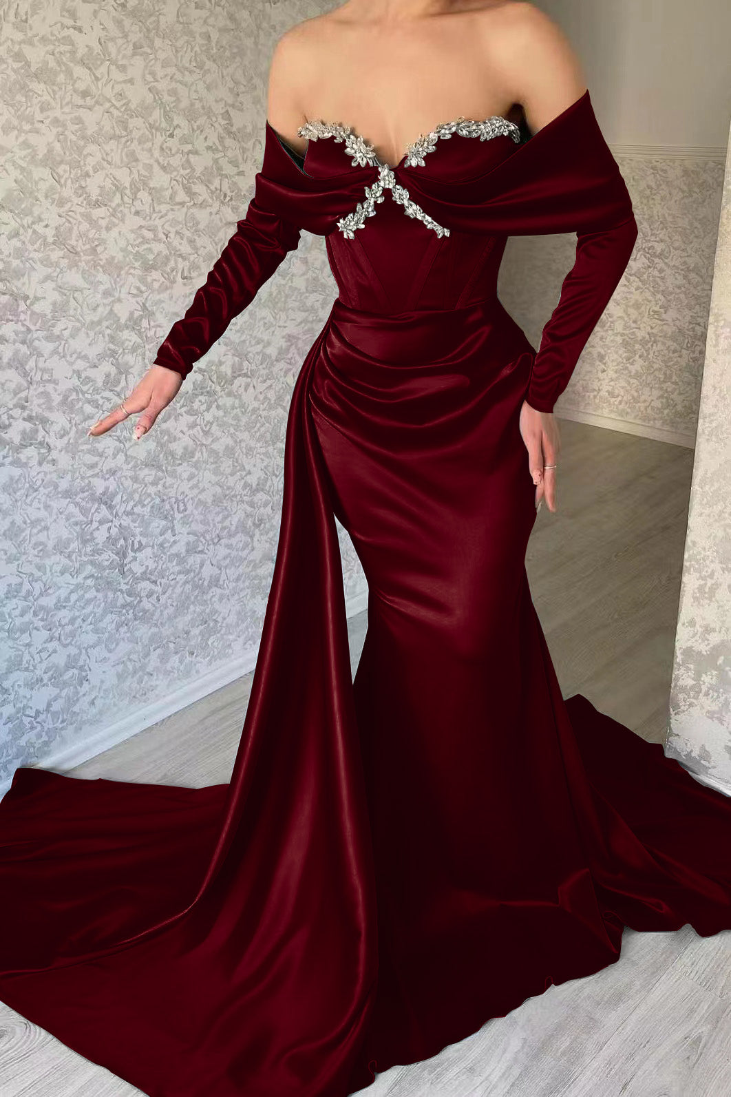 Sweetheart Long Sleeve Prom Dress Mermaid Evening Formal Dress With Rhinstone