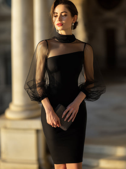 Sheer-Sleeve High-Neck Cocktail Dress