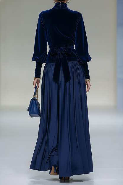 Velvet Patchwork Lantern Sleeve Pleated Hem Party Maxi Dress