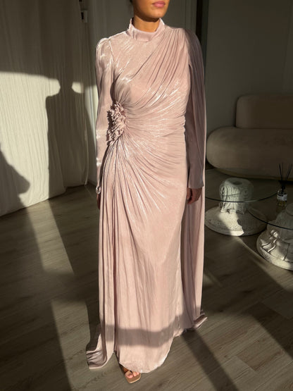 Blushing Pink Long Sleeves High Neck Ruched Evening Dress