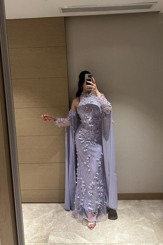 High Neck Detachable Lace Flowers Long Sleeve Mermaid Evening Dress