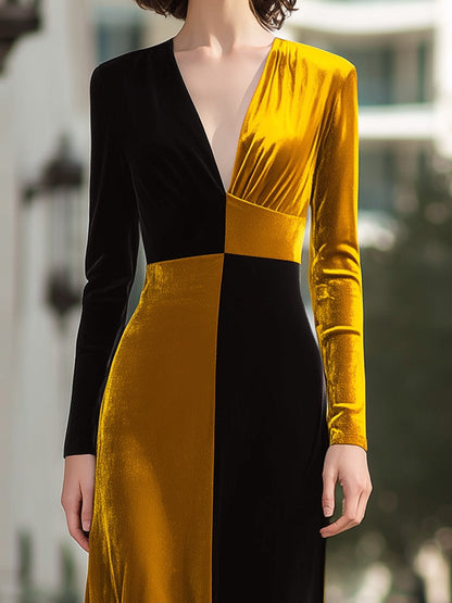 Black And Gold Velvet Colorblock Evening Gown