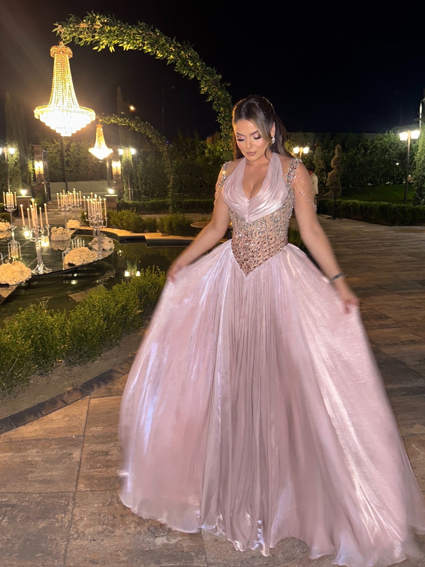 Blushing Pink Halter A-Line Embellished Flowing Dress