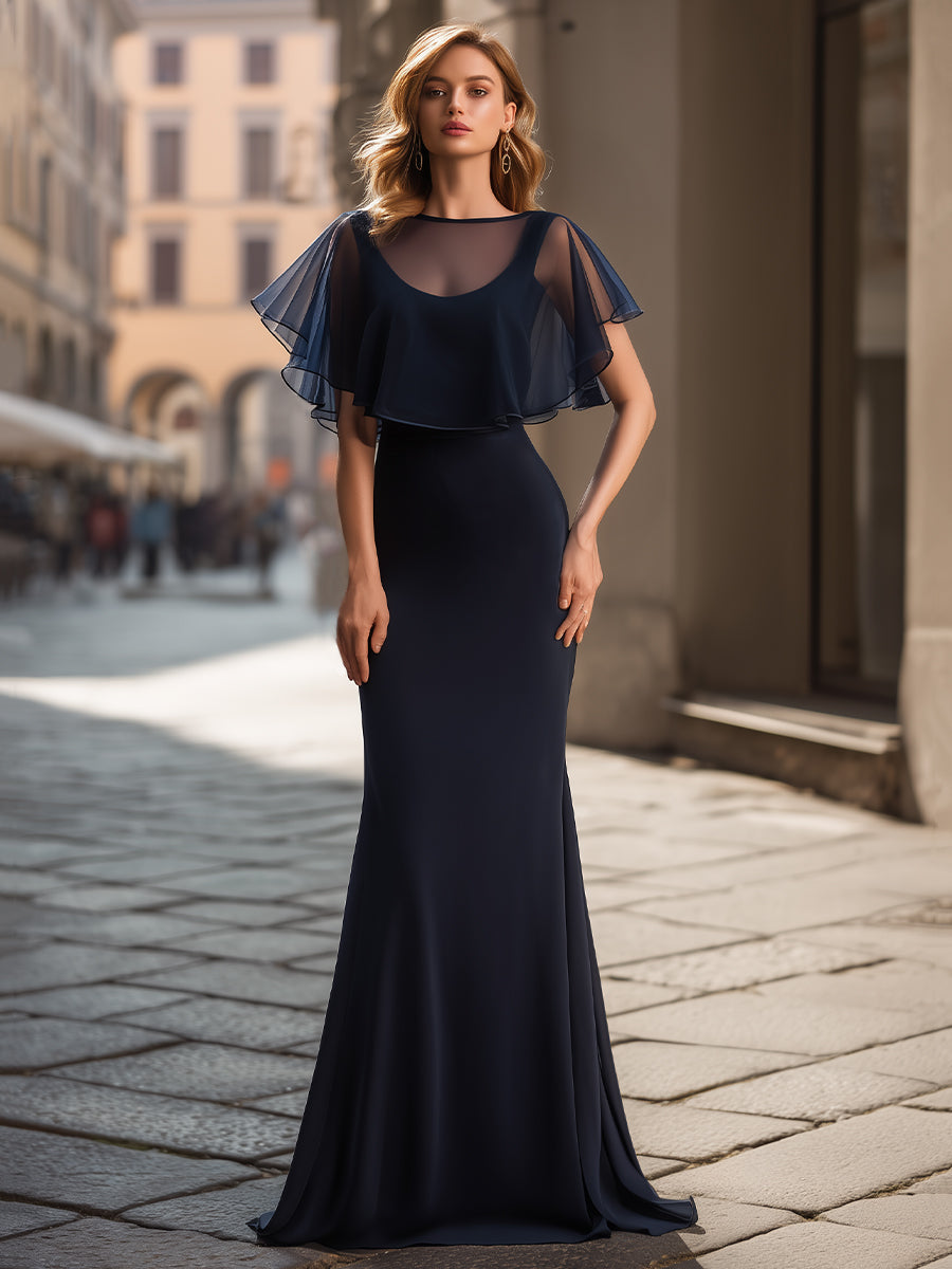 Elegant Sheer Cape Overlay Evening Maxi Dress