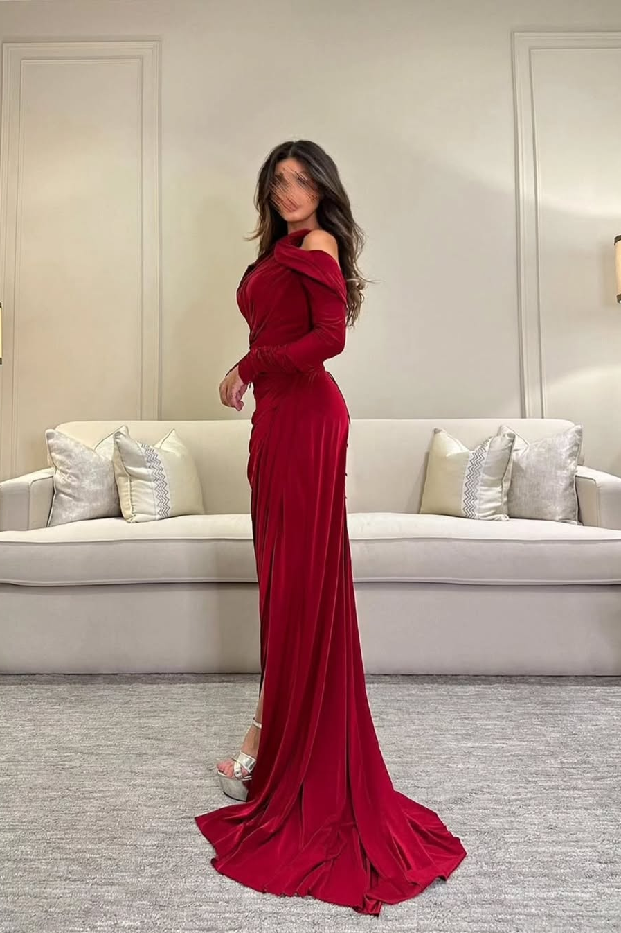Off the Shoulder Long Sleeves Split Long Prom Dress With Pleated
