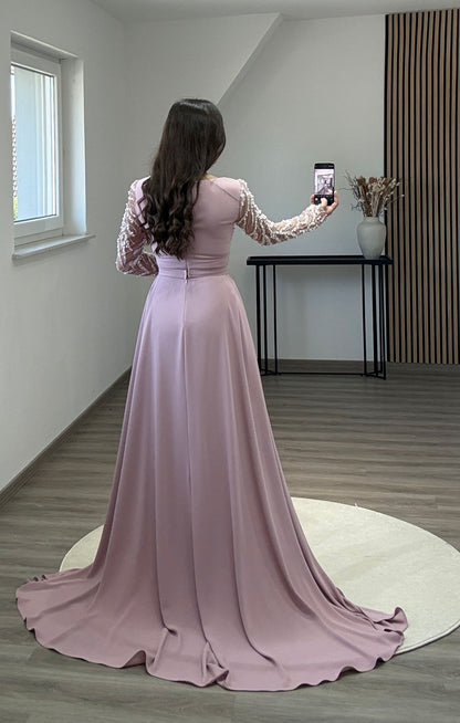 Long Sleeves Scoop Sequins Empire-Waist Prom Dress