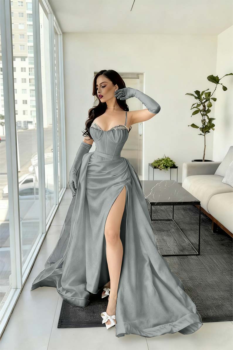 Spaghetti Strap Sleeveless Long Mermaid Prom Dress With Split Gloves