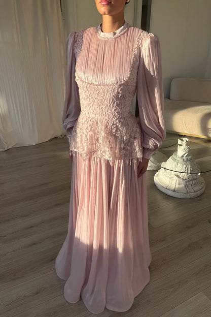 Flower Embroidery Beaded Tassel Pleated Party Maxi Dress