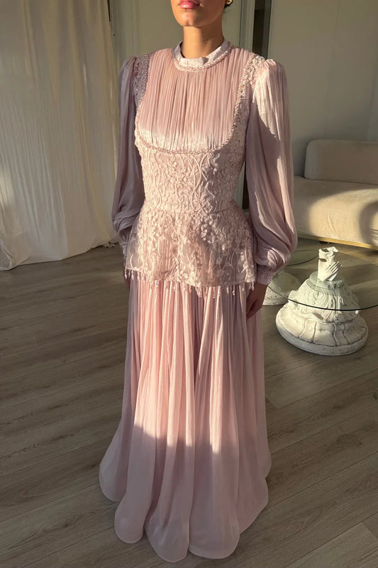 Flower Embroidery Beaded Tassel Pleated Party Maxi Dress