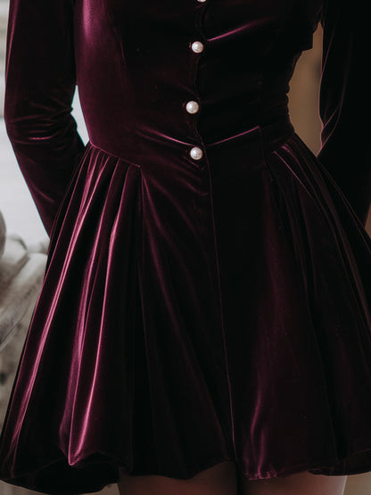 Regal Velvet Pearl-Button Fit-and-Flare Dress