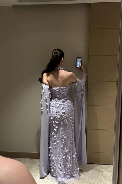 High Neck Detachable Lace Flowers Long Sleeve Mermaid Evening Dress