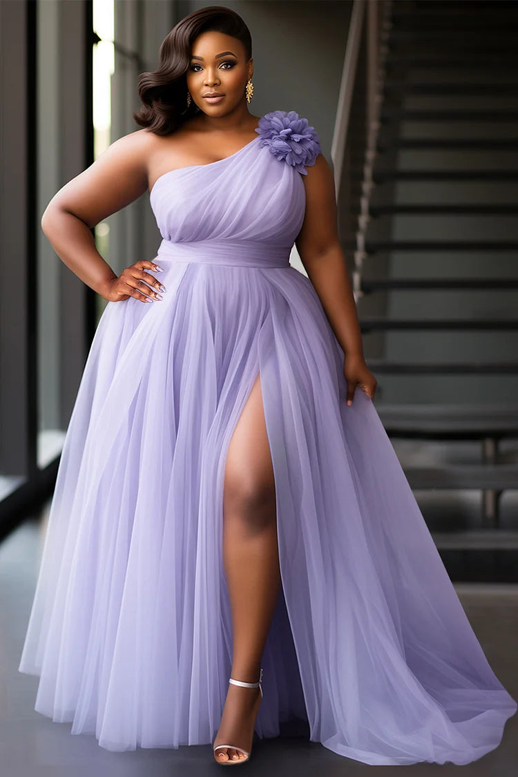 Purple Elegant Oblique Collar 3D Split Tulle Maxi Dresses
