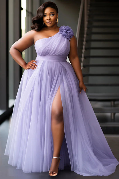Purple Elegant Oblique Collar 3D Split Tulle Maxi Dresses
