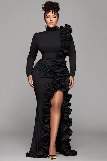 Formal Black Round Neck Long Sleeve Split Elegant Ruffle 3D Satin Maxi Dresses