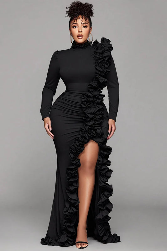 Formal Black Round Neck Long Sleeve Split Elegant Ruffle 3D Satin Maxi Dresses