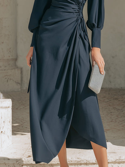 Draped Side-Tie Midi Dress With Elegant Long Sleeves