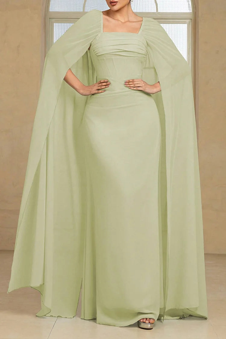Pleated Square Neck Cape Sleeve Solid Color Party Maxi Dress