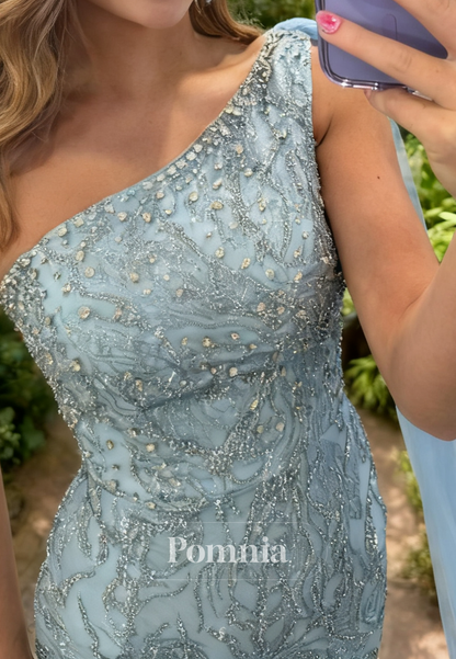 Sky Blue One Shoulder Floral Appliques Slit Prom Dress