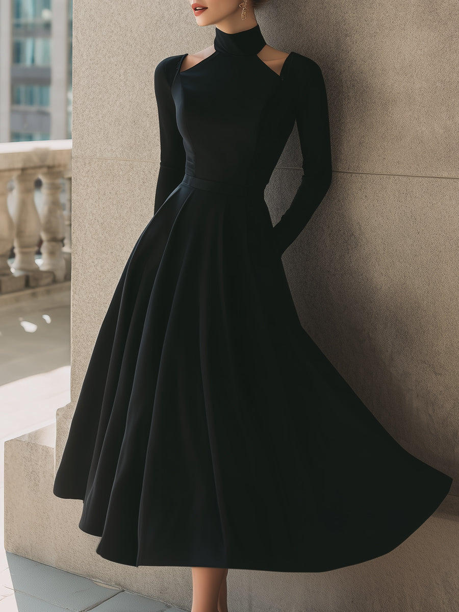 Black Cutout High-Neck Midi Dress