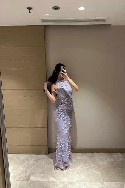 High Neck Detachable Lace Flowers Long Sleeve Mermaid Evening Dress