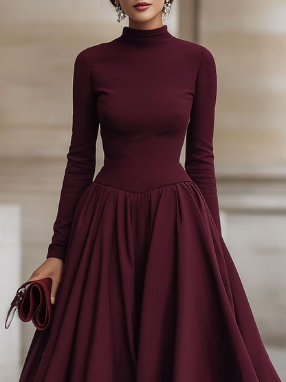 Burgundy High-Neck Long-Sleeve High-Low Midi Dress