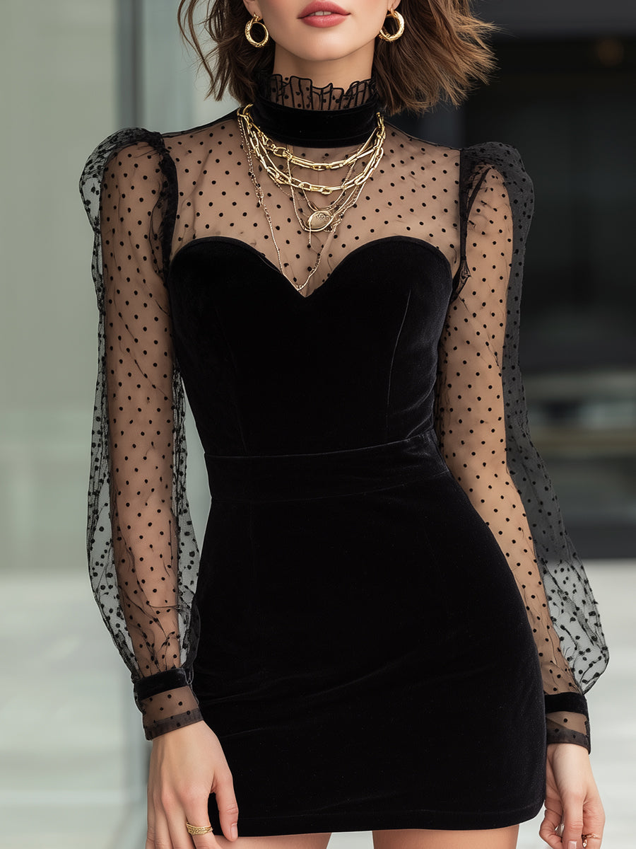 Velvet Polka Dot Sheer Sleeve Mini Dress